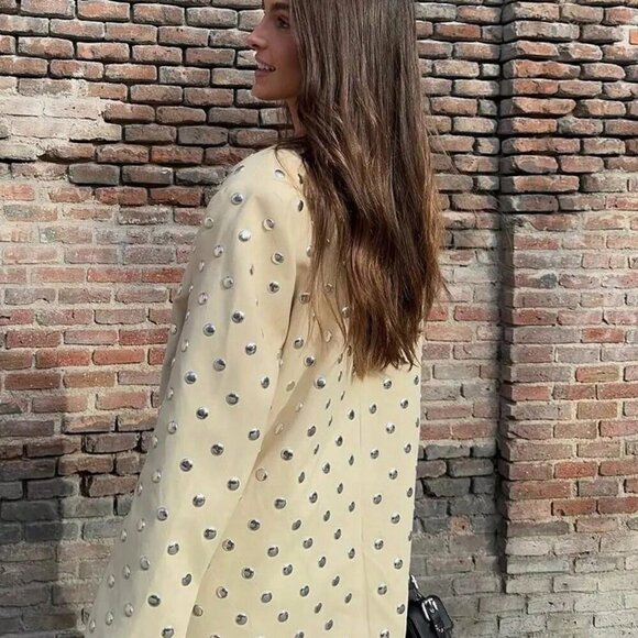 Beige Casual Women's Rivet Decoration Long Sleeve Blazer Coat - Picture 5 of 11